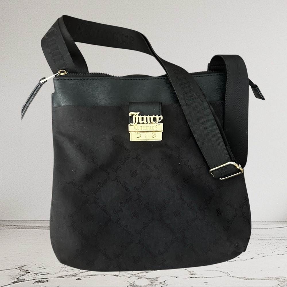 Juicy Couture Black Nylon Crossbody Bag Gold Logo Lock Adjustable Strap